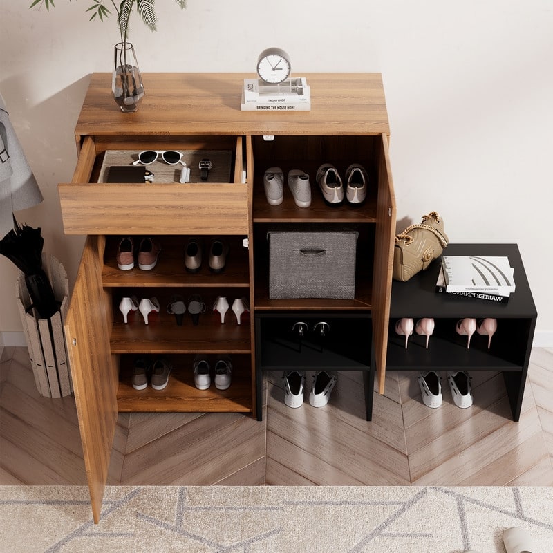 Modern Two-Tone Asymmetrical Shoe Storage Bench with Cabinet Doors – MDF Construction