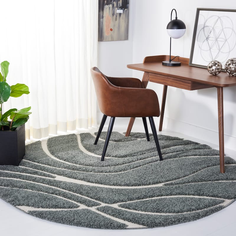 SAFAVIEH Florida Shag Sigtraud Abstract Waves 1.2-inch Thick Rug - 6'7" Round - Grey Sage/Ivory - Round