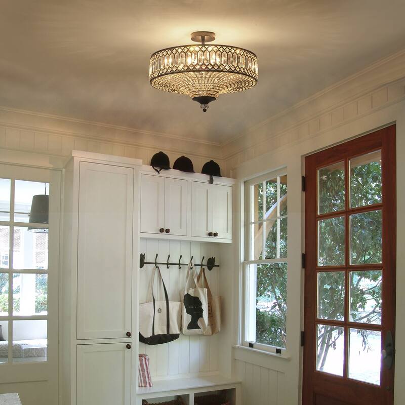 6 Light Matte Black Crystal Semi Flush Mount Ceiling Light Fixture - W19.6"