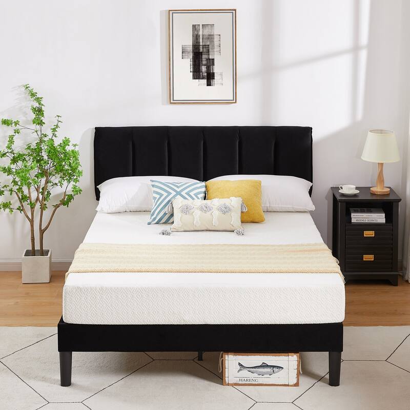 Upholstered Velvet Upholstered Bed Frame with Adjustable Height Headboard No Box Spring Needed Platform Bed Under Bed Storage - Black - Queen