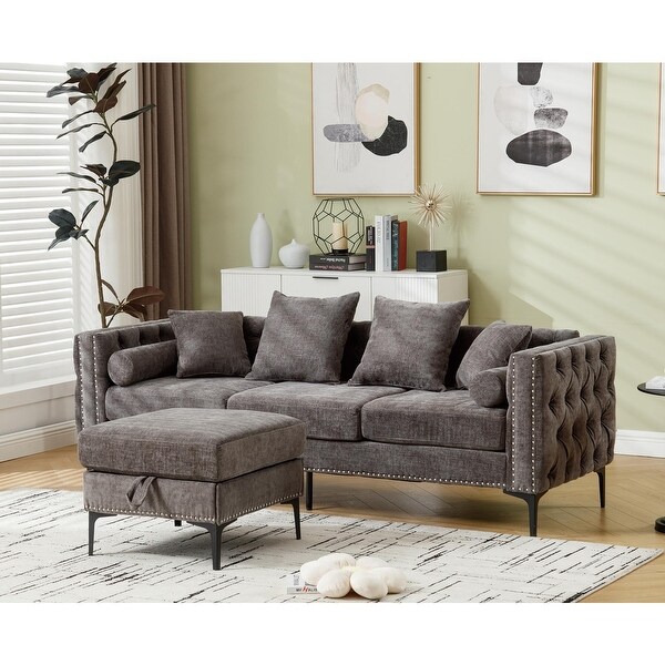 Gray Chenille L Shaped Sectional Sofa w Storage Ottoman Square Arm 3 Seater Tufted Couch Recliner Nailhead Trim Sofa Chair