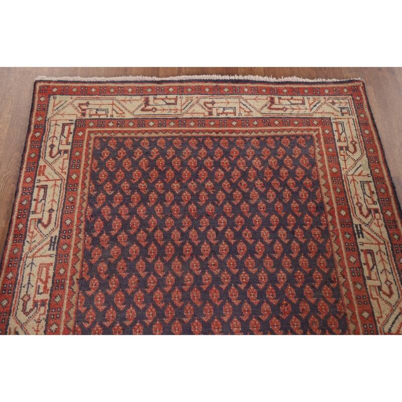 Hand Knotted Oriental 100% Wool Carpet Traditional All-Over Navy Blue & Blues Botemir Runner Rug - 10' 1'' X 3' 4''