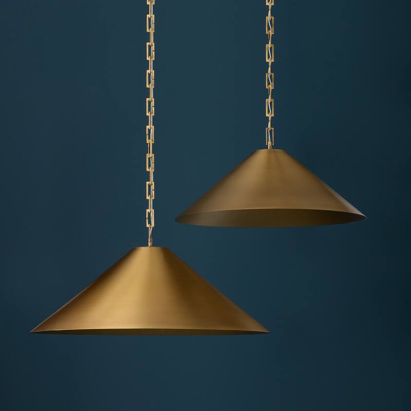 1-Light Metal Cone Pendant in Aged Brass with Painted Brass Interior and Rectangular Designer Chain
