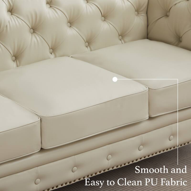 Vintage PU Button-Tufted Sofa Couch, Flared Arms, Rubberwood Legs & Nailhead Trim
