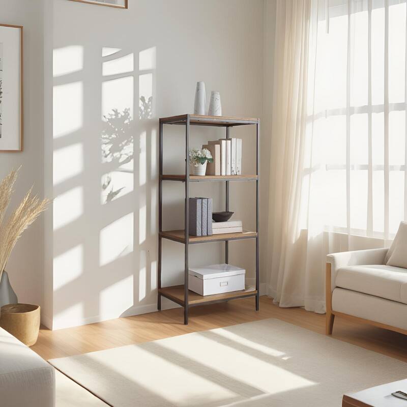 Caffoz 4-Tier Rustic Industrial Bookshelf Open Shelf Bookcase, Modern Wood Storage Shelf for Living Room, Office & Bedroom