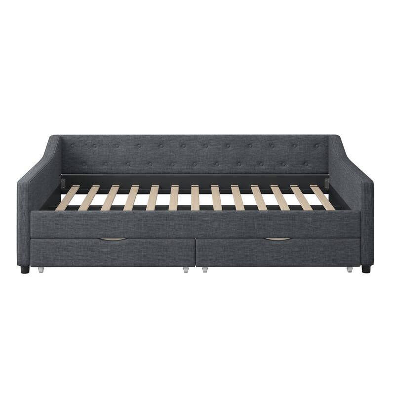 Upholstered Tufted Full Size Daybed with Drawers, Button on Back - DARK GREY
