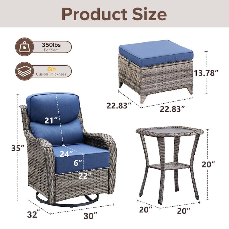 Gymojoy 5-Piece Patio Swivel Glider Chair Ottoman Set with Side Table, 6-Inch Ultra-Plush Cushions