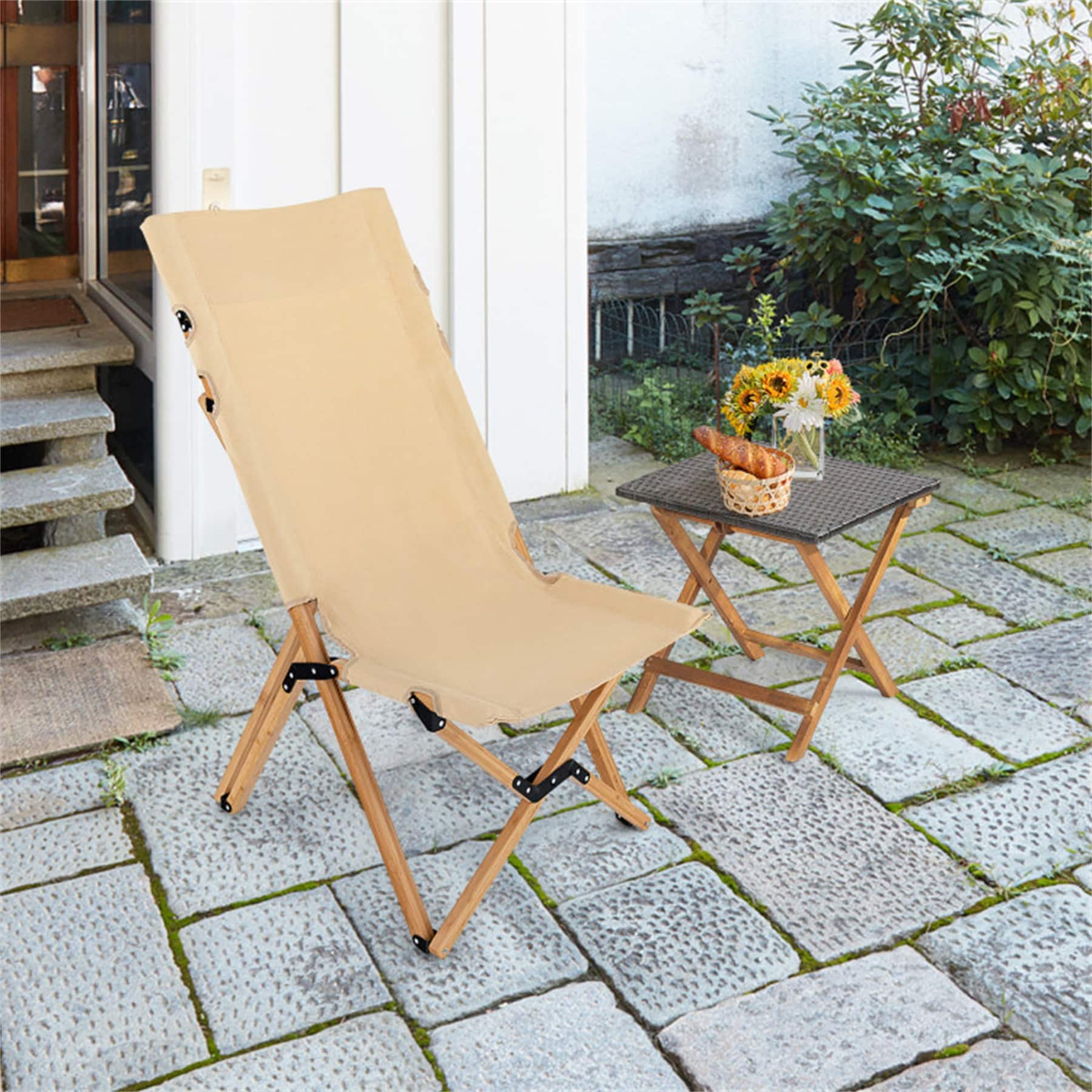 Bamboo Folding Camping Chair with 2Level Adjustable Backrest Bed