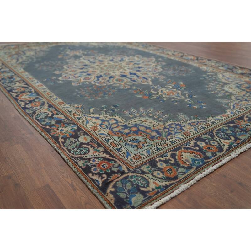 Slate Blue Tabriz Persian Vintage Area Rug Hand-Knotted Wool Carpet - 6'2" x 9'5" - 6'2" x 9'5" - Blue