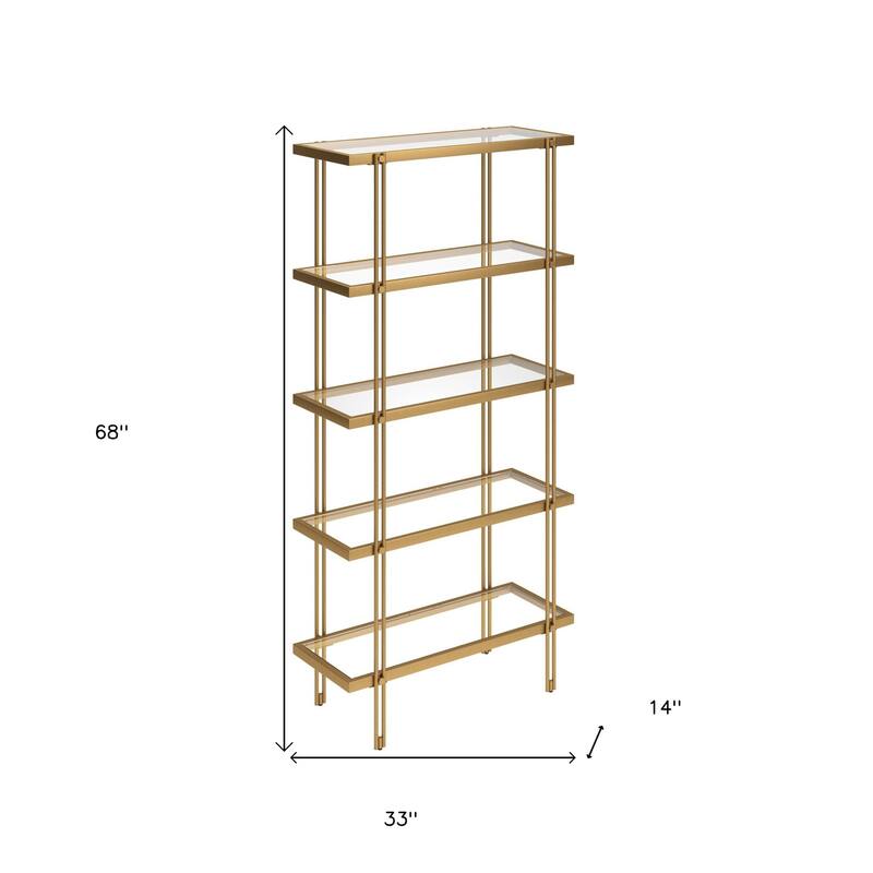HomeRoots 68" Gold Metal And Glass Five Tier Standard Bookcase