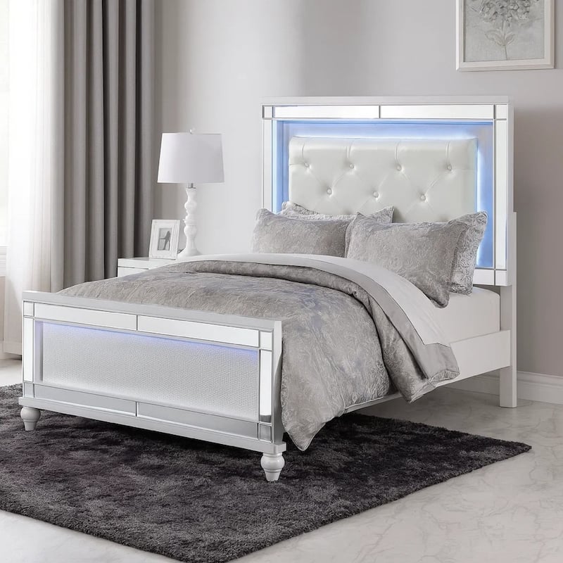 Quinn Modern Queen Size Bed, Back Lit LED Headboard, Crisp White Finish