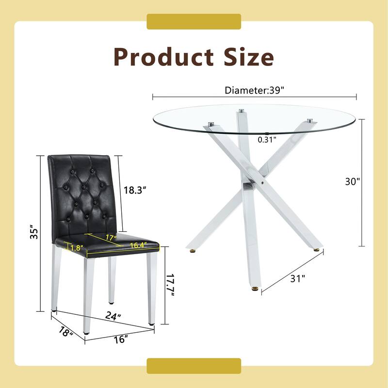 5 Piece Dining Table Set with 39 Inch Round Glass Top X-Shaped Metal Base and 4 PU Chairs