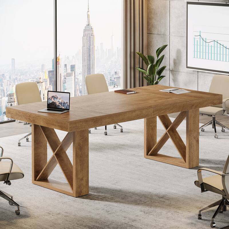 63-Inch Long Wood Conference Table, Simple Meeting Desk for Home Office & Small Team Gatherings - Brown