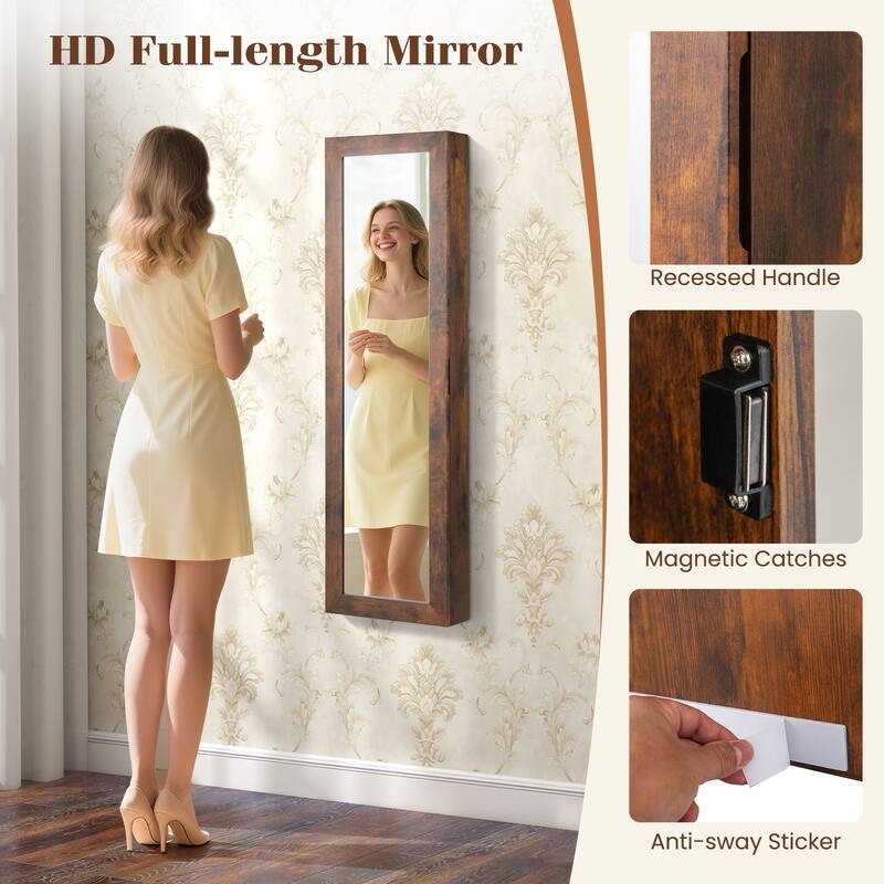 Wall Mounted or Door Hanging Jewelry Cabinet with Full Length Mirror and LED Lights - 12.5" x 3.7" x 42"