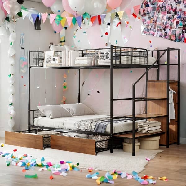 slide 2 of 28, Industrial Minimalist Twin Over Full Metal Bunk Bed with Drawer and Lateral Storage Ladder and Wardrobe Black