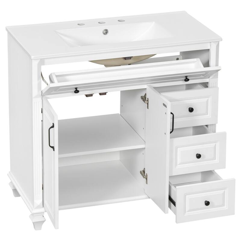 36" Bathroom Vanity with Sink - Solid Wood Cabinet with Flip Drawer, 3 Drawers & 2 Doors, Gold Handles, Modern Vanity