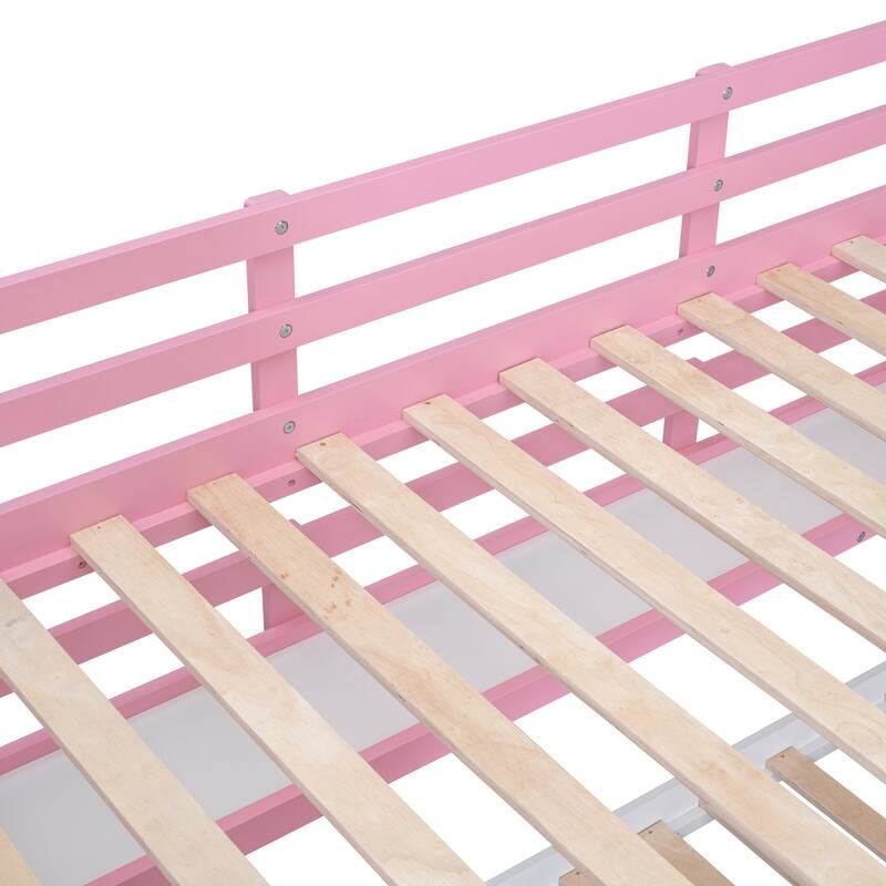 Bunk Bed Castle Playhouse Solid Wood Stairs Bed Frame with Storage Shelves & 2 Drawers, Children's Slide Bed with Guardrail