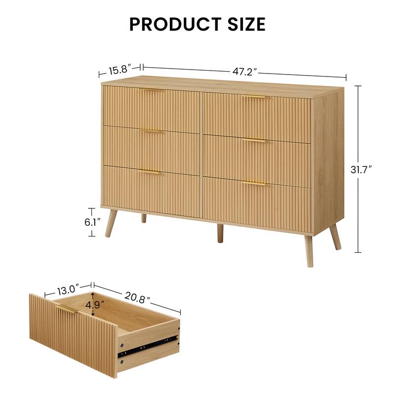 Bedroom Dresser, 6 Double Dressers with Wavy Drawers, Wooden Chest of Drawers,Natural, 47.2''W x 15.8''D x 31.7''H