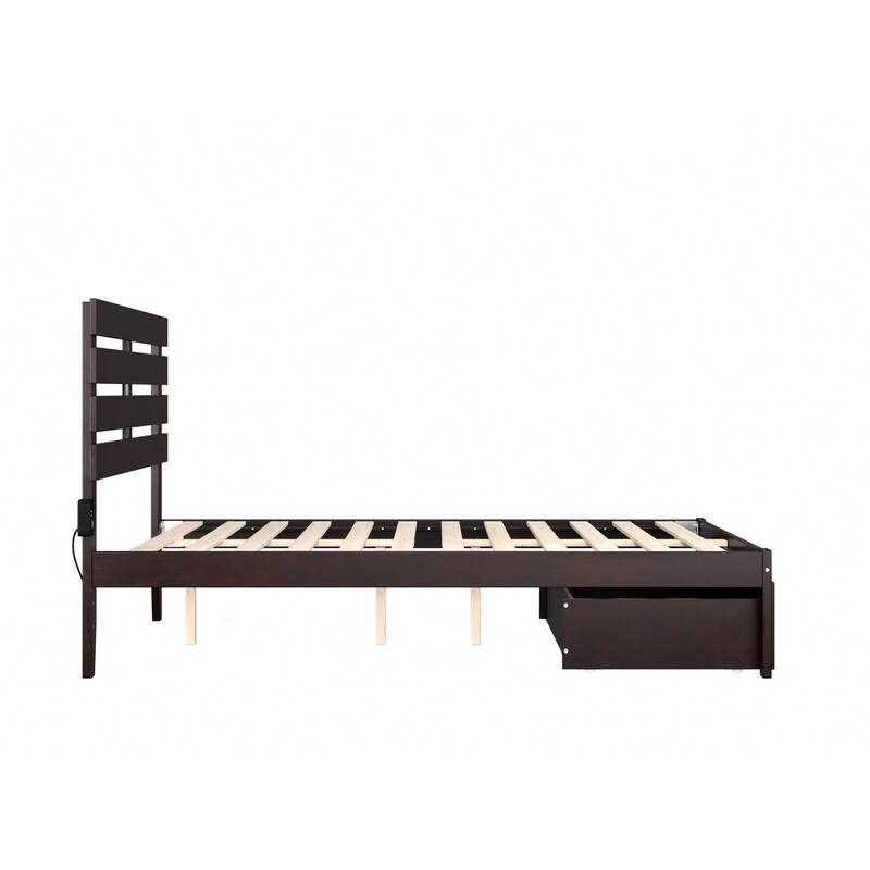 Full Size Bed with Storage Drawer - Espresso Finish, Modern Farmhouse Style Bed Frame