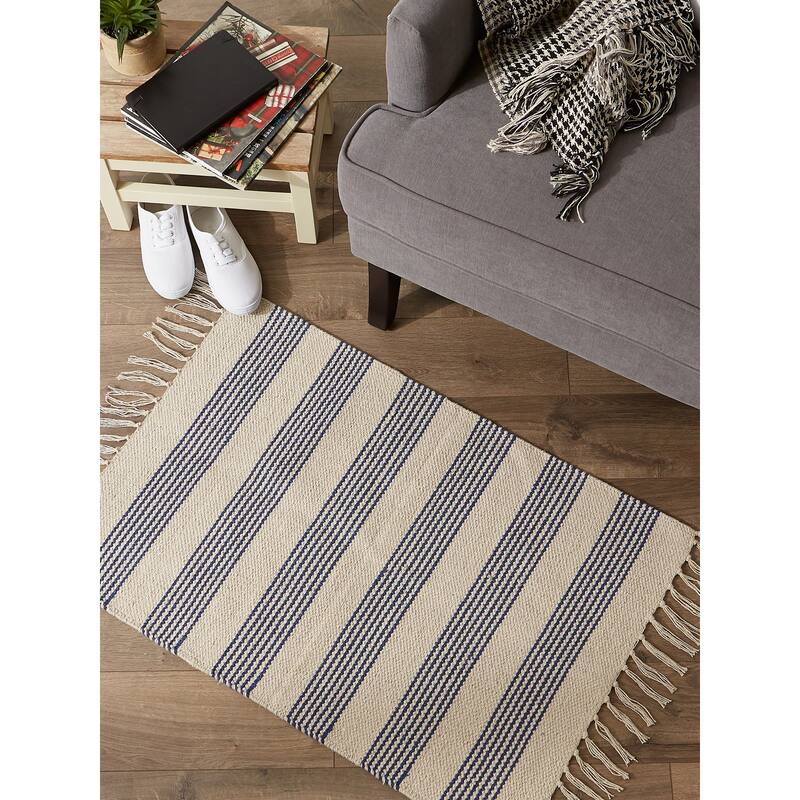 DII Black Ticking Stripe Hand-Loomed Rug 2x3 Ft - 24.0 In. L X 36.0 In. W X 0.2 In. H