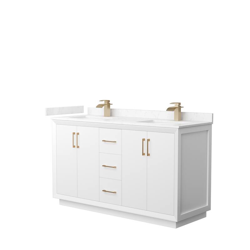 Strada 60-Inch Double Vanity Set, Cultured Marble Top - White, Bronze Trim, Carrara Cultured Marble Top