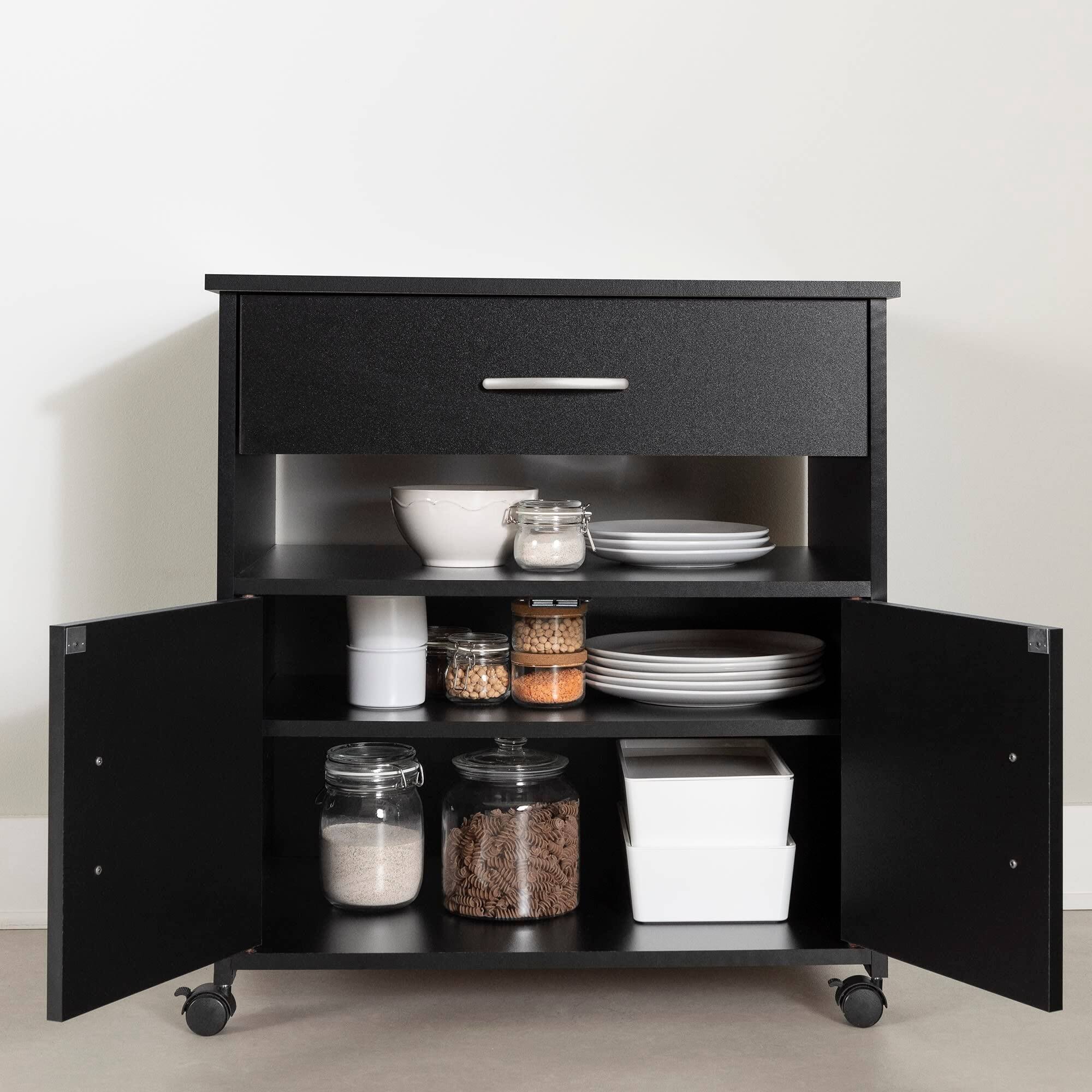 Axess Microwave Cart on Wheels, Pure Black, Engineered Wood Bed Bath