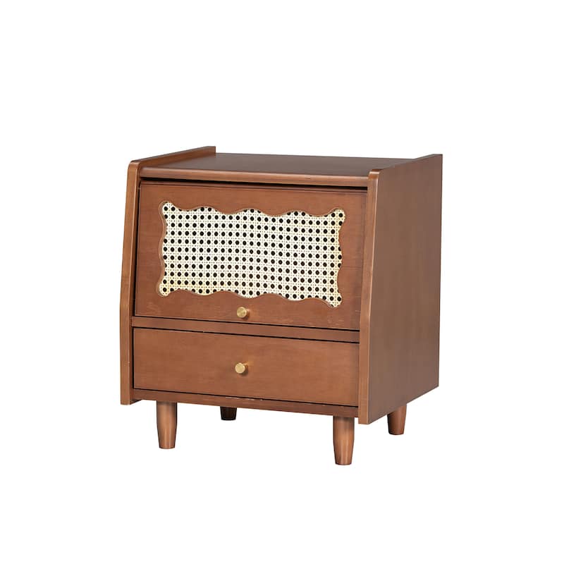 Bohemian Wooden Nightstand with Rattan Woven Storage Cabinet and 1 Drawer, Side Table with Solid Wood Legs, End Table