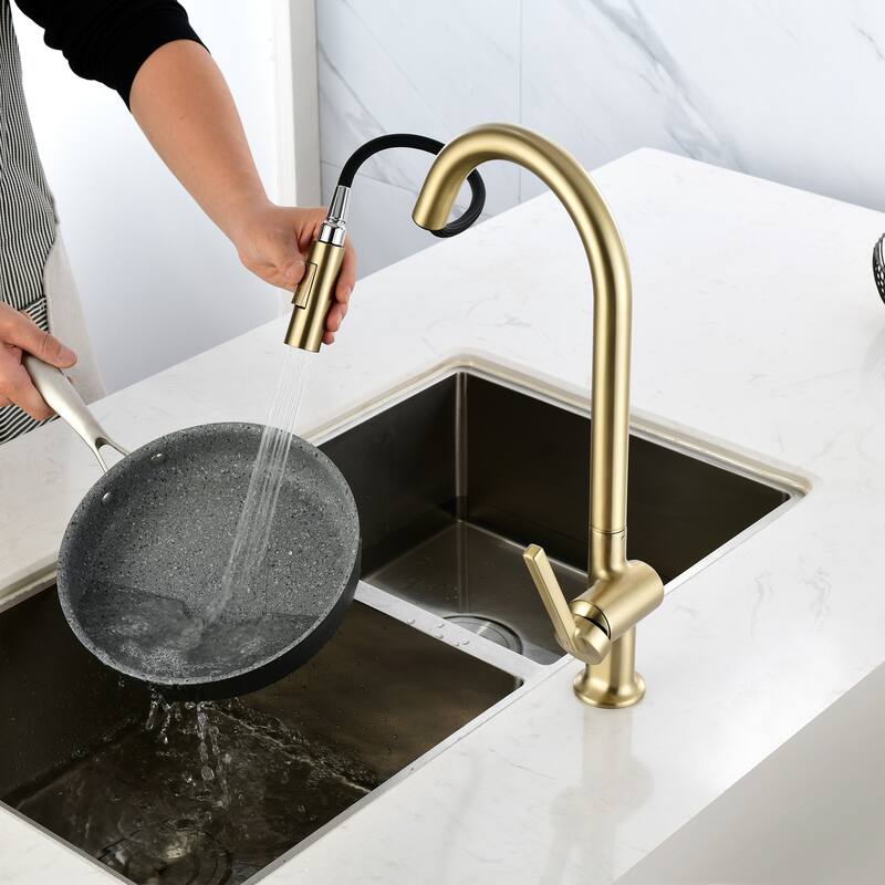 Single Handle Pull Down Sprayer Kitchen Sink Faucet Modern Commercial Kitchen Basin Faucets Brushed Gold