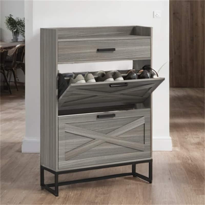 Hidden Shoe Cabinet with 2 Flip Drawers, Adjustable Shelves,Top Drawer