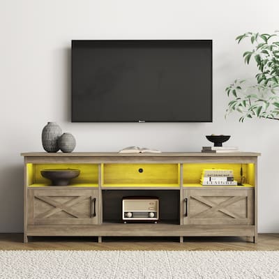 Moasis 70"/59" Farmhouse TV Stand for 80"/65" TV with Outlet and Lights