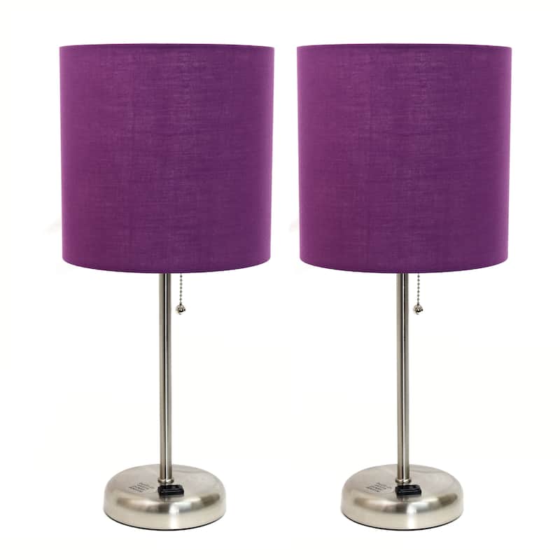 Simple Designs 19.5" 2 Pack Table Desk Lamp Set with Charging Outlet - 19.50 - Brushed Steel/Purple Shade