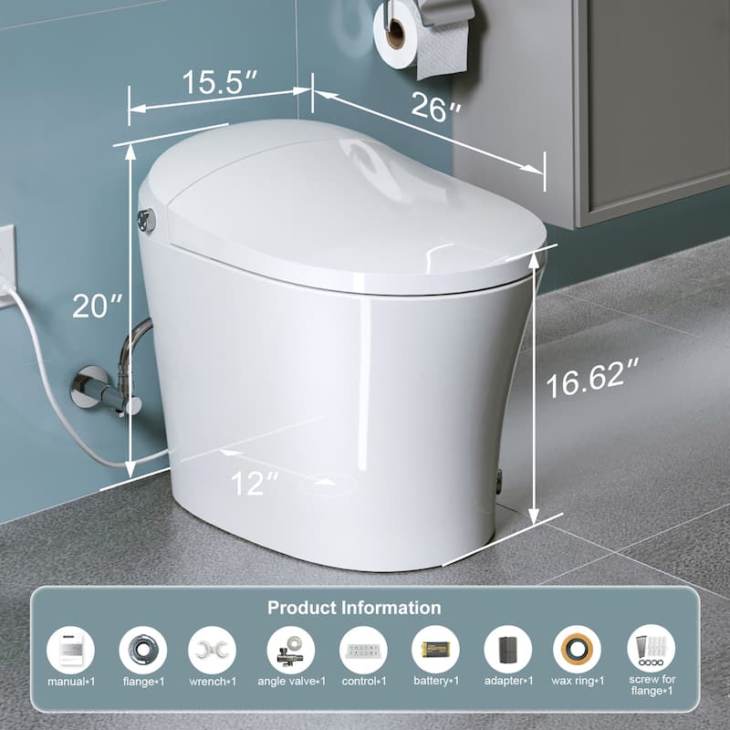 HOROW T16 Tankless Elongated Smart Bidet Toilet with Heated Seat, Warm Water Washing and Remote Control - 12" Rough in