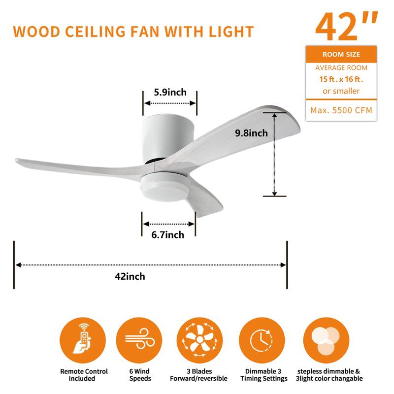 42" Solid Wood Ceiling Fan with Light-Flush Mount, Dc Motor ( Pale White Washed Walnut)