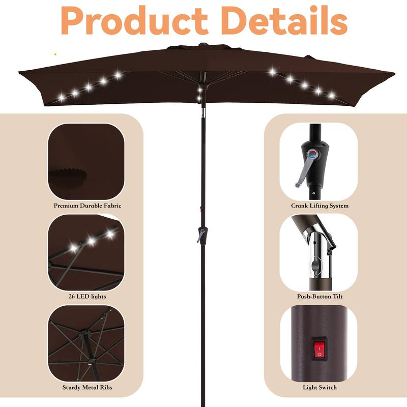 6.5*10ft Rectangular Patio Market Umbrella with LED Lights,Crank & Tilt