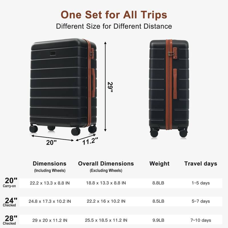 3 Piece Premium ABS Luggage Set, 20/24/28" Hardside Suitcases with 360° Spinner Wheels and TSA Lock, for Men and Women Travel
