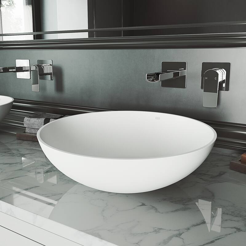 VIGO Lotus 16"L x 16"W x 5"H Matte Stone Round Bathroom Vessel Sink