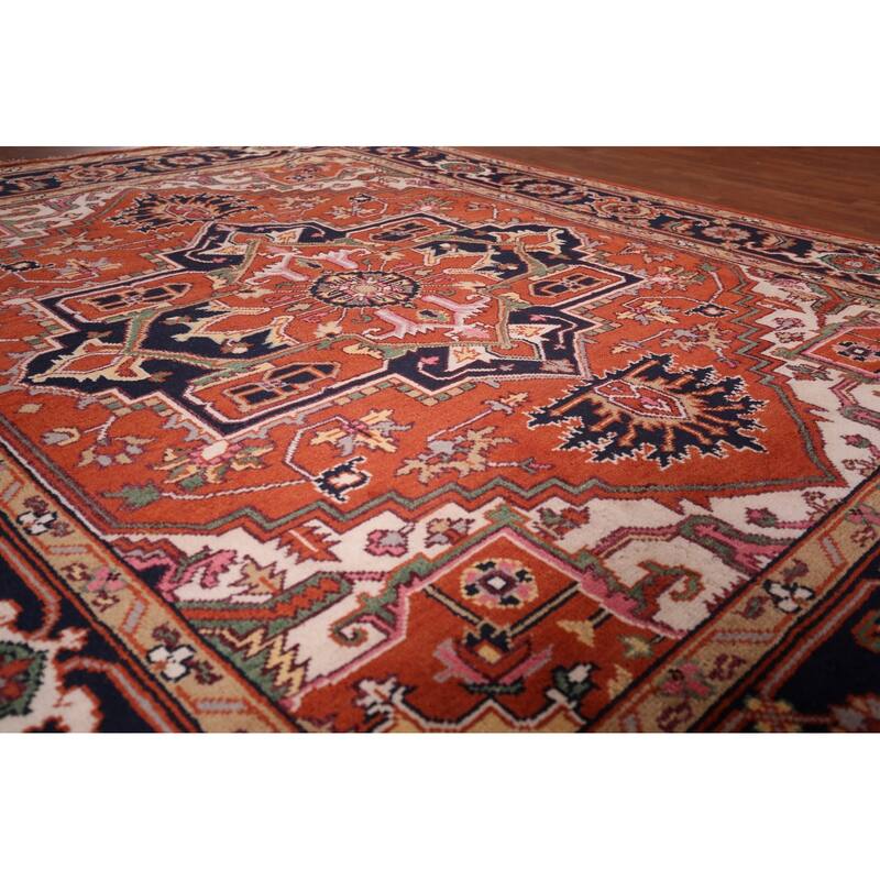 Geometric Heriz Serapi Indian Area Rug Hand-Knotted Wool Carpet - 8'0" X 10'4"