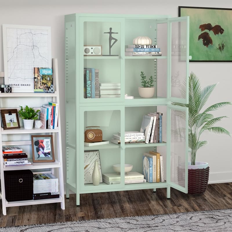 Storage Cabinet with 4 Glass Doors, Modern Sideboard Cabinet with Adjustable Shelves & Steel Feet, Accent Cabinet for Kitchen