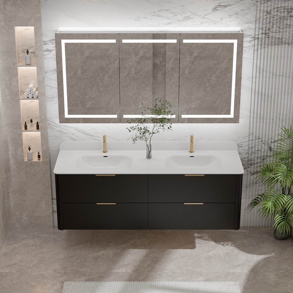 Modland 60" Fluted Double Vanity, Floating Plywood Wall Mount, Dual Sink, Curved Edge, 4 Drawers - 60 inch