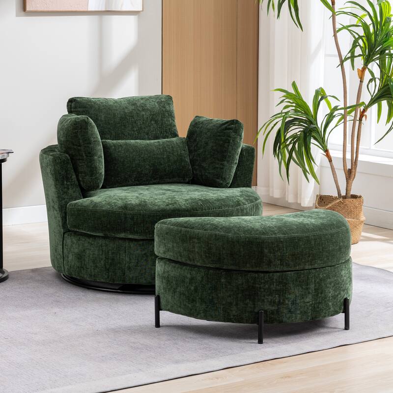 42.3"W Upholstered Swivel Accent Chair with 4 Pillows and Half-Moon Storage Ottoman - Green