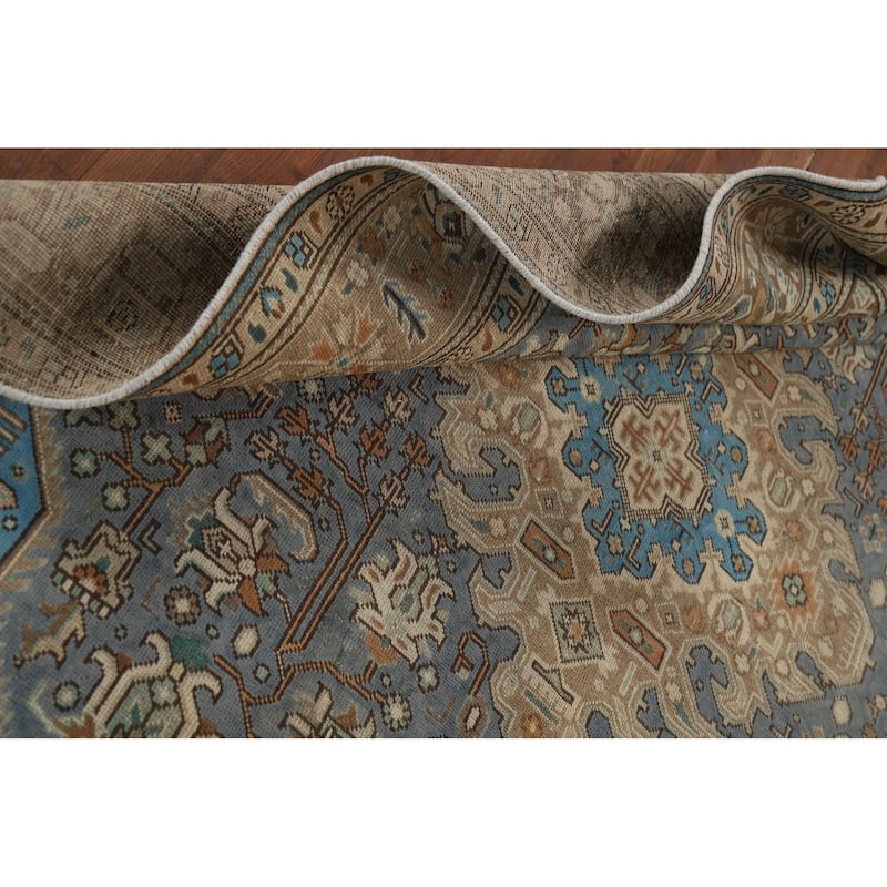 Blue Geometric Tabriz Vintage Persian Rug Hand-Knotted Wool Carpet - 6'5" x 9'4"