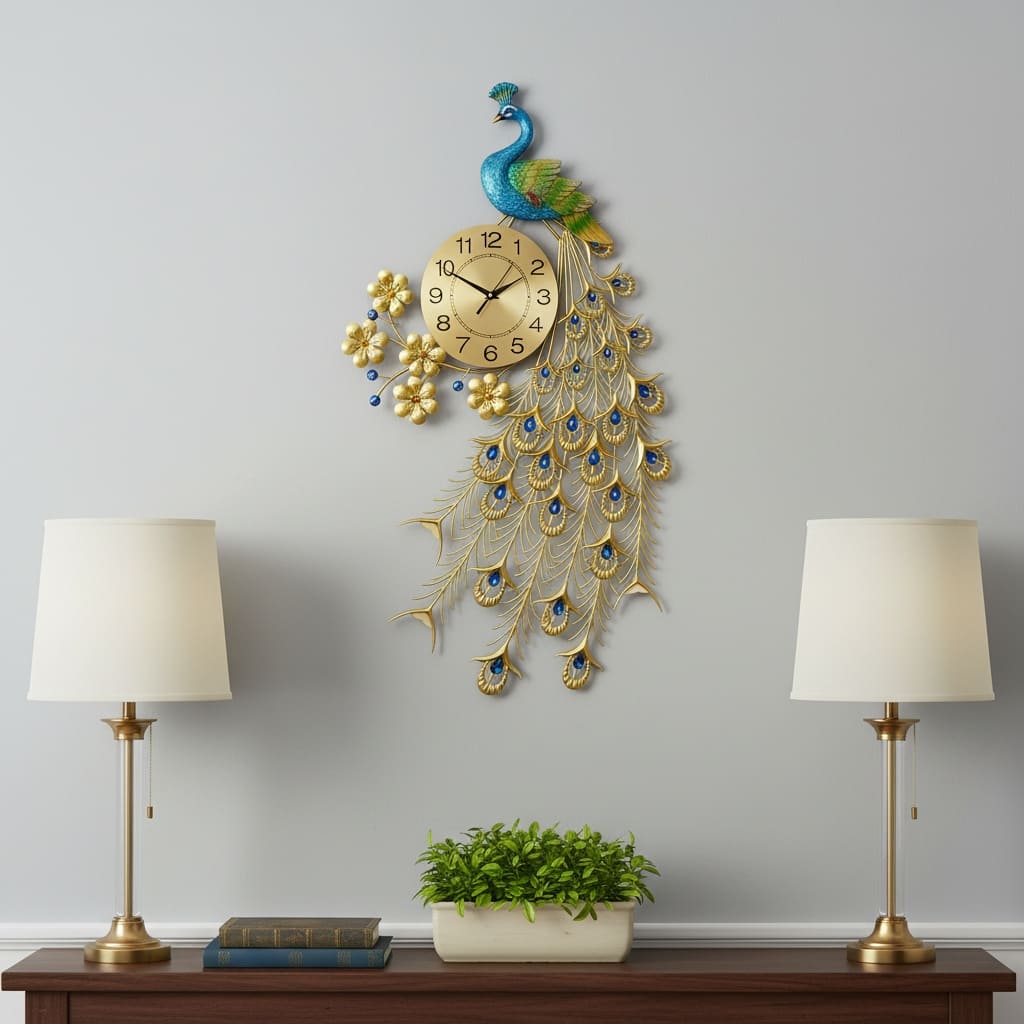 HomeRoots 21" Blue Green And Gold Metal Silent Analog Peacock Novelty Wall Clock - 21.00 in. x 36.00 in. x 2.00 in.