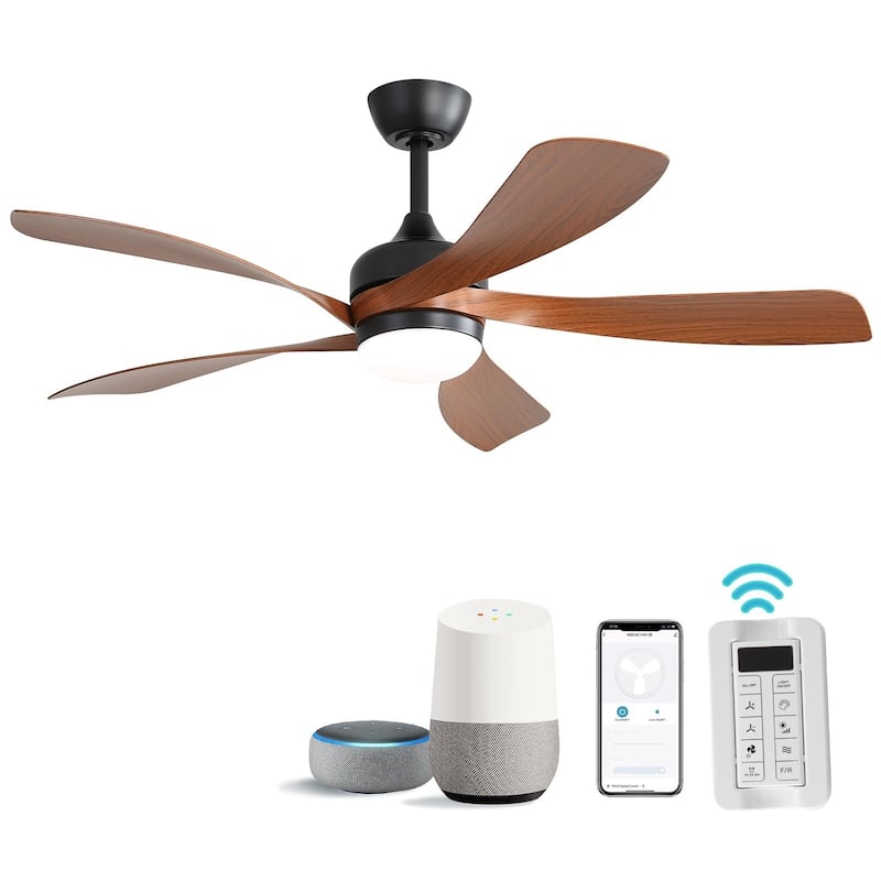 45 Inch / 52 Inch White Ceiling Fan with Dimmable LED Light and Remote, 6-Speed Reversible DC Motor, ABS Blades - Smart 45 Inch With APP/Voice/Remote Control - Black With Deep Brown ABS Blades