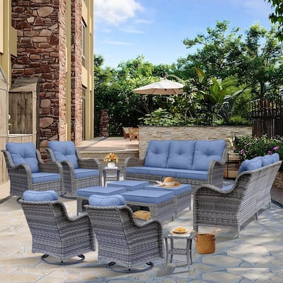 Gray Wicker Outdoor Patio Conversation Seating Sofa Swivel Chair Sets