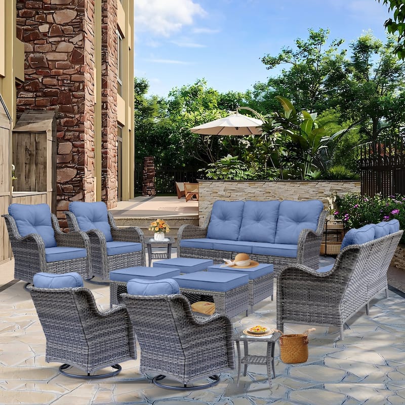 Wicker Patio Furniture Set-Patio Conversation Sets with Swivel Chairs - 12 Piece - Denim Blue/Gray Wicker