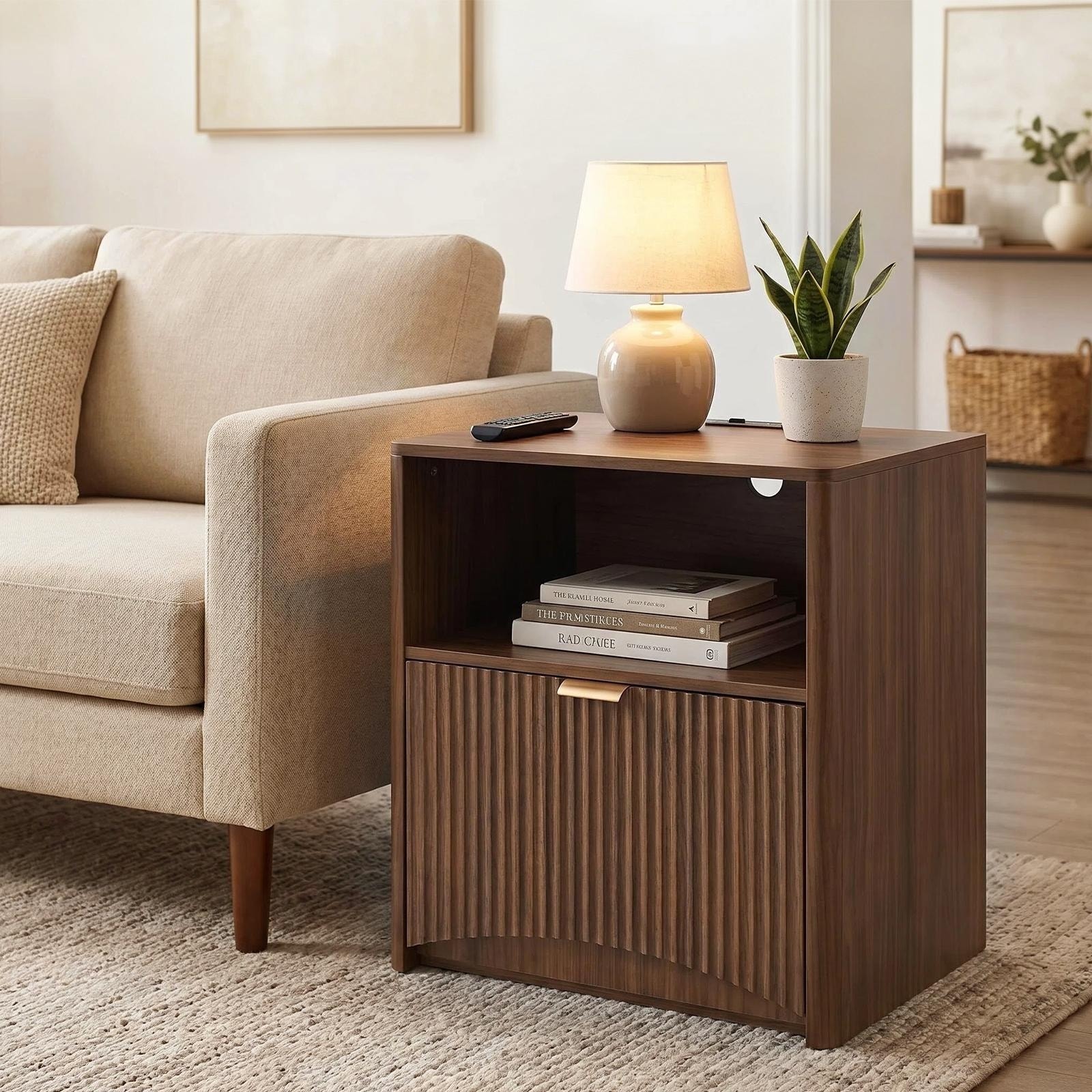 Nightstands Set of 2, Mid Century Modern Bedside Table with Charging Station, Fluted Nightstand with Drawer and Storage