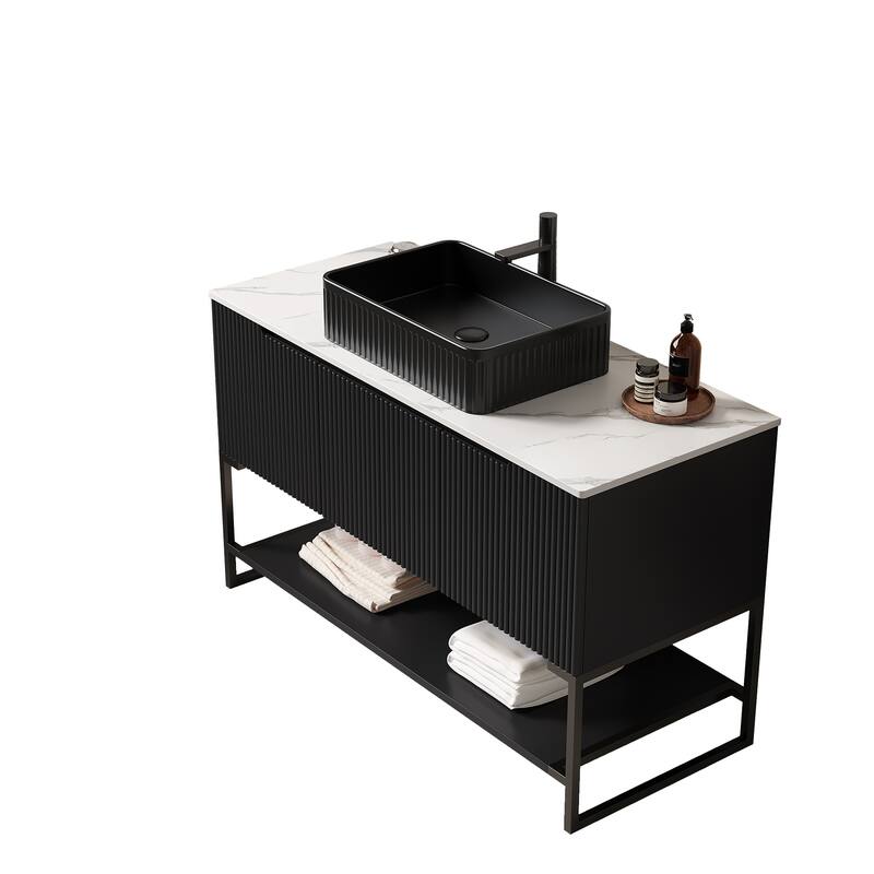 Wave-patterned Door Storage Cabinet Freestanding Bathroom Vanity with Black Matte Stripe Rectangular Vessel Ceramic Basin