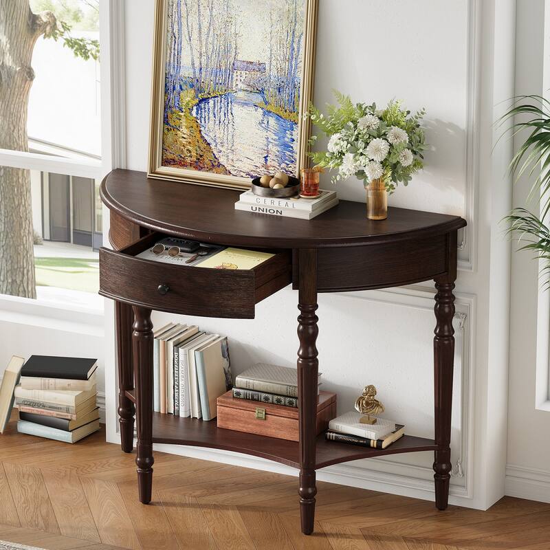 Roomfitters Farmhouse Half Moon Console Table with Shelf, Rustic Accent Sofa Table for Entryway, Living Room, Hallway