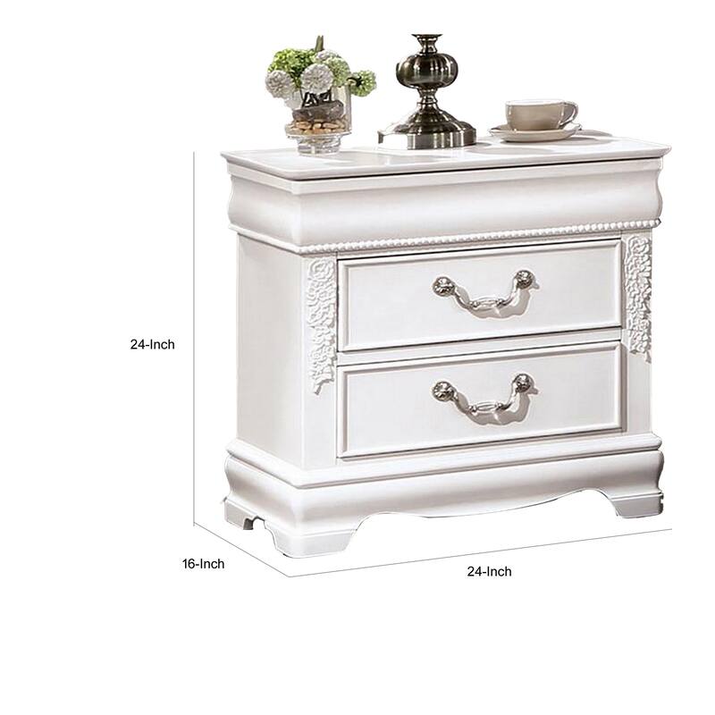 Aleci 24 Inch Nightstand, 2 Drawers, Carved Details, Solid Wood, White
