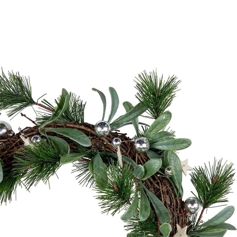 Pine Needle Silver Ball Ornament Artificial Christmas Wreath 12" Unlit